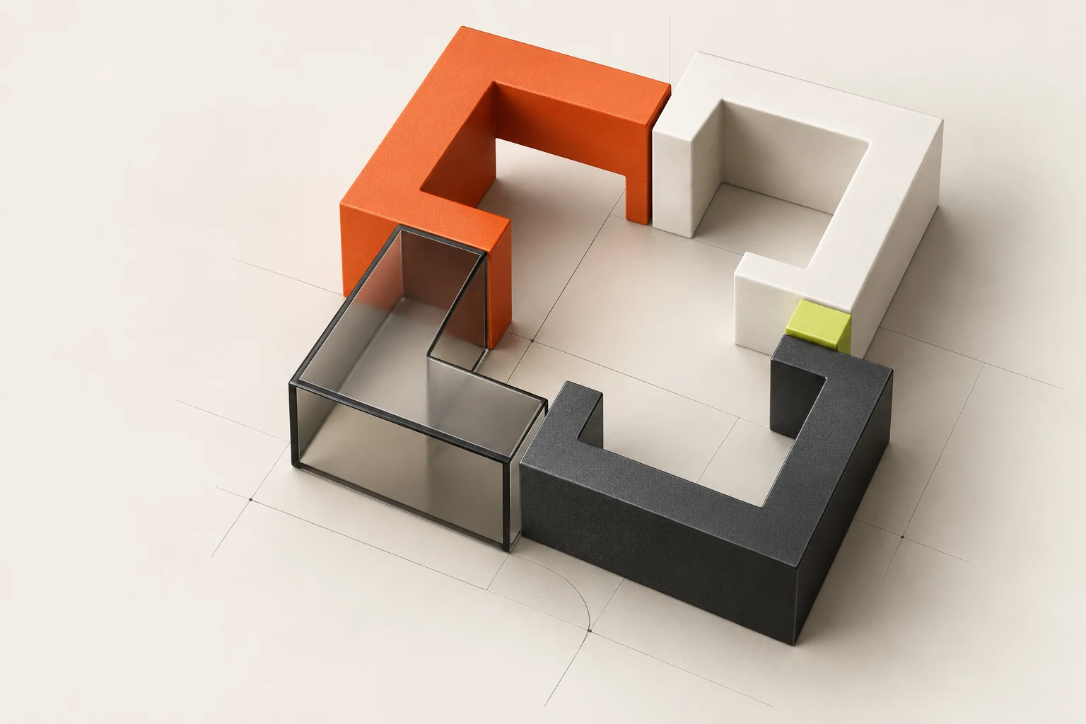Sculptural orange, chalk, glass and graphite frames meeting around an open space